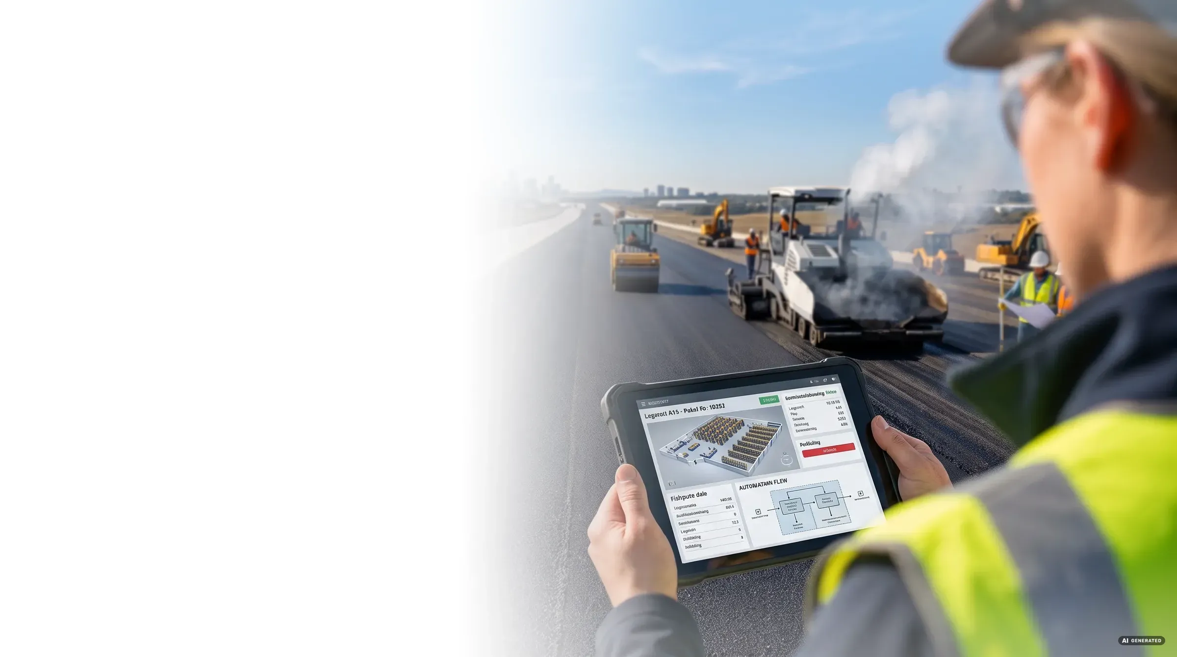 Site manager reviewing progress on a tablet while road construction crews pave asphalt in the background
