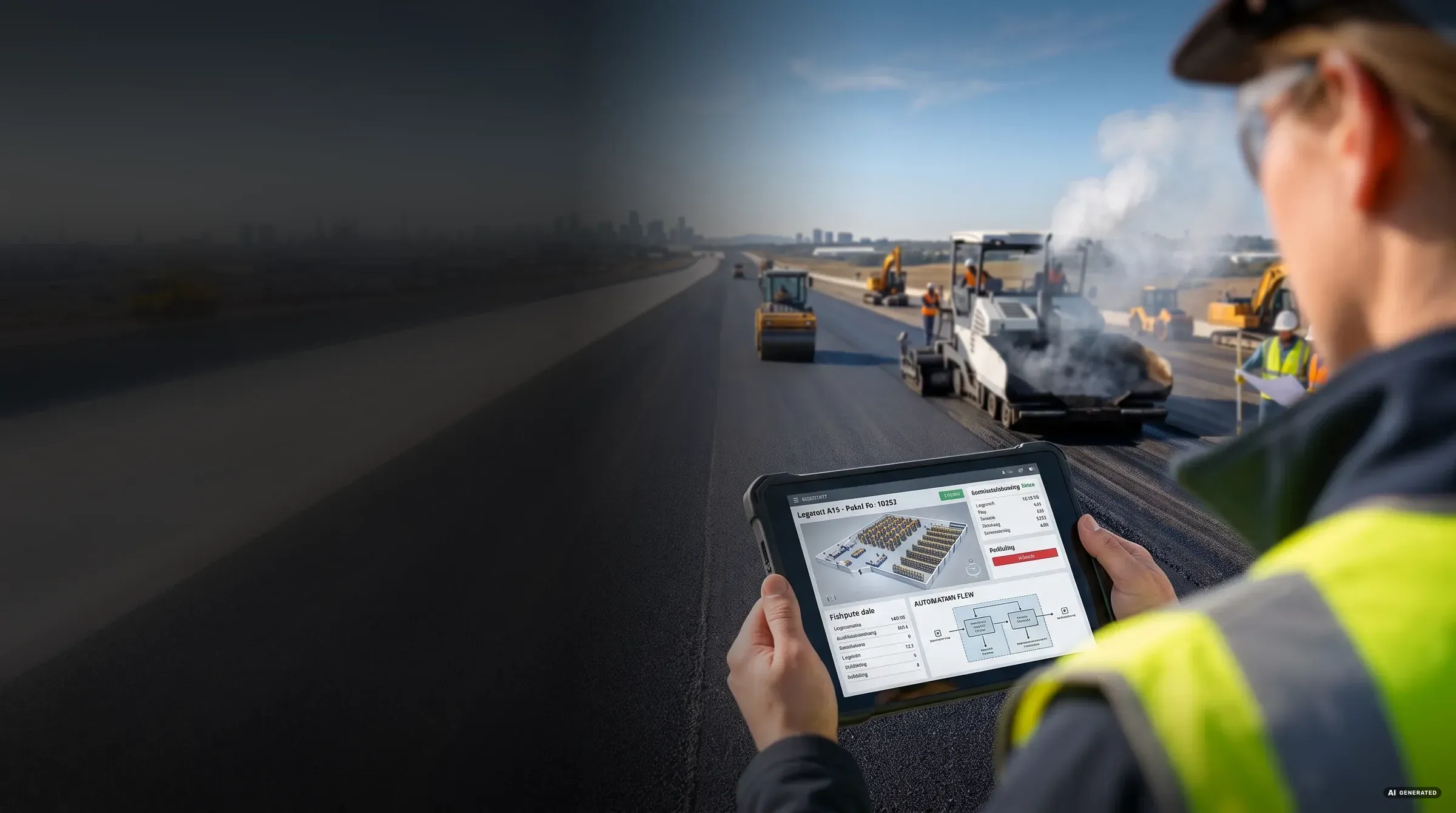 Site manager reviewing progress on a tablet while road construction crews pave asphalt in the background (dark mode)