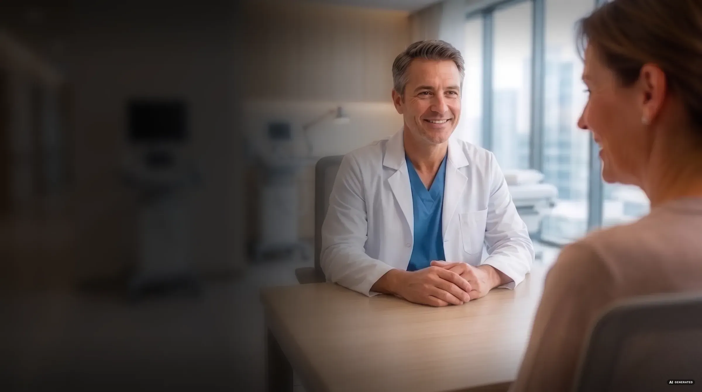 Doctor talking with a patient at a desk (dark mode)