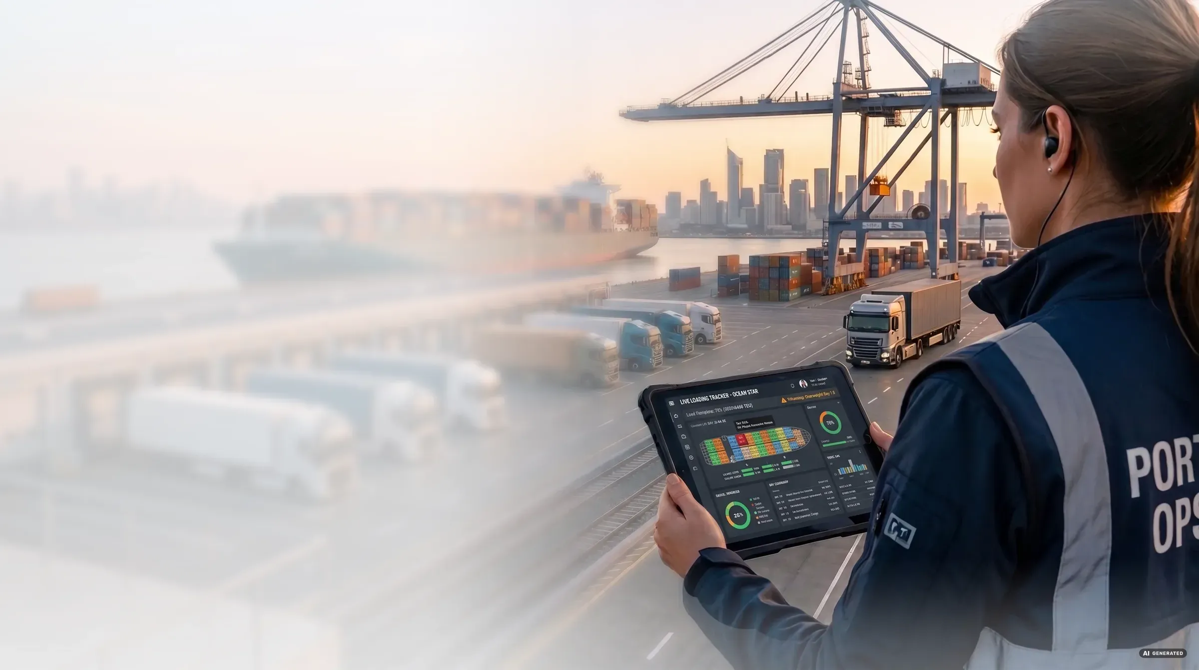 Logistics worker with a tablet in front of a port terminal with a container crane and truck