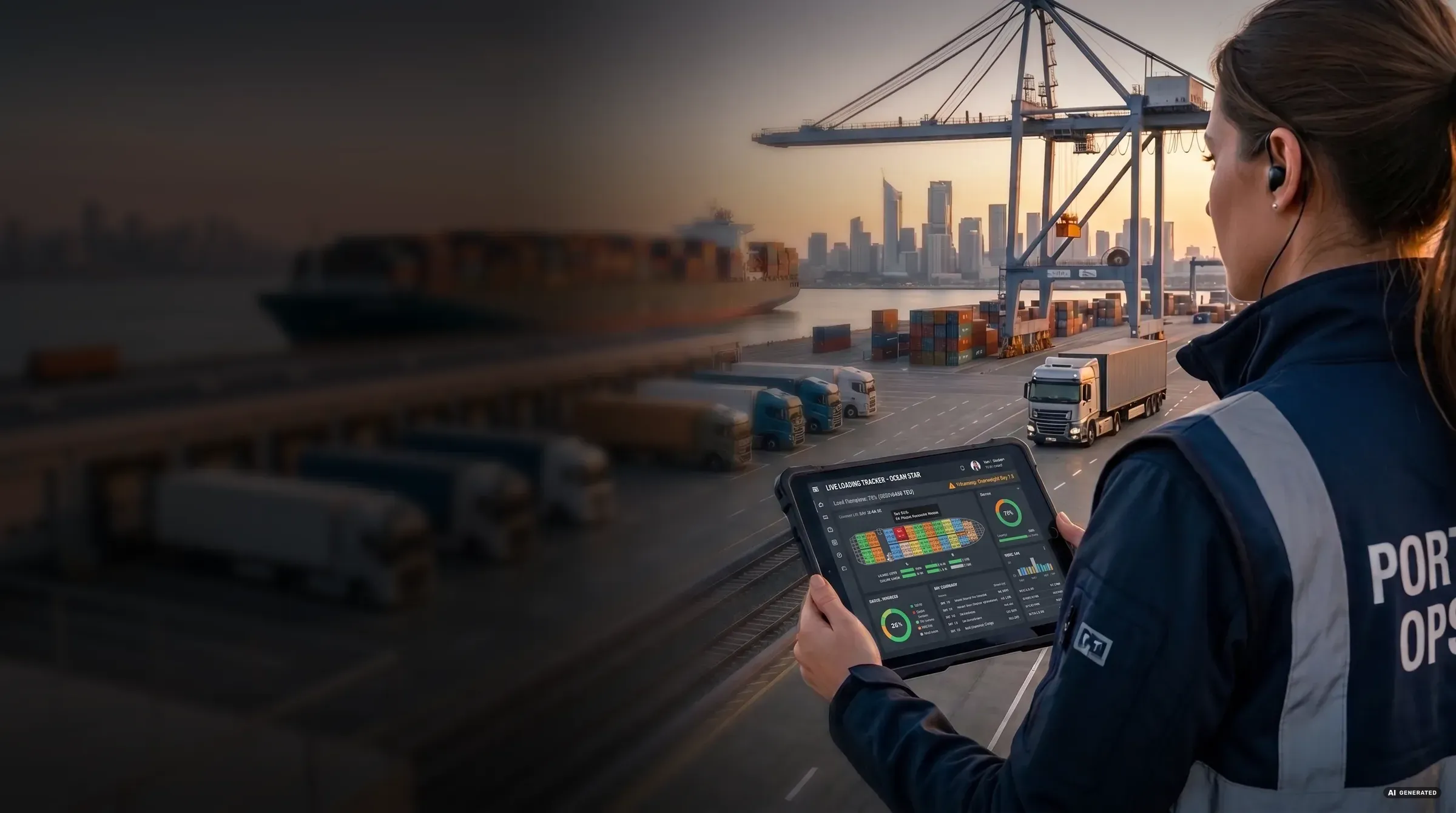 Logistics worker with a tablet in front of a port terminal with a container crane and truck (dark mode)