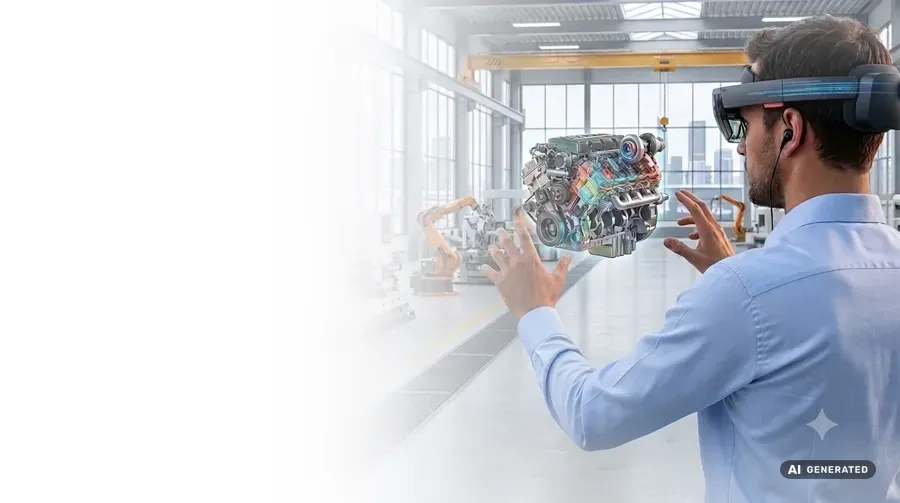Engineer viewing a 3D engine model through an AR headset in a manufacturing hall
