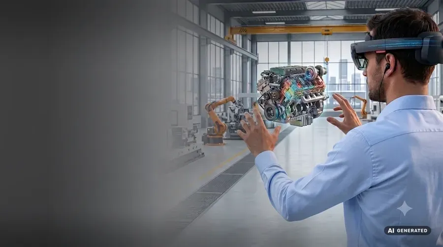 Person operating a virtual engine with AR glasses in a factory hall